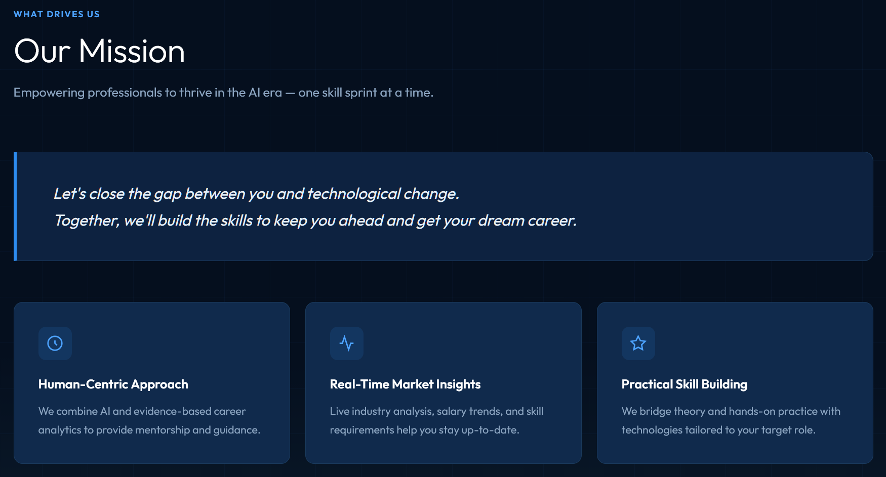 Our Mission — Empowering professionals to thrive in the AI era. We're driven by a human-centric approach, real-time market insights, and practical skill building.